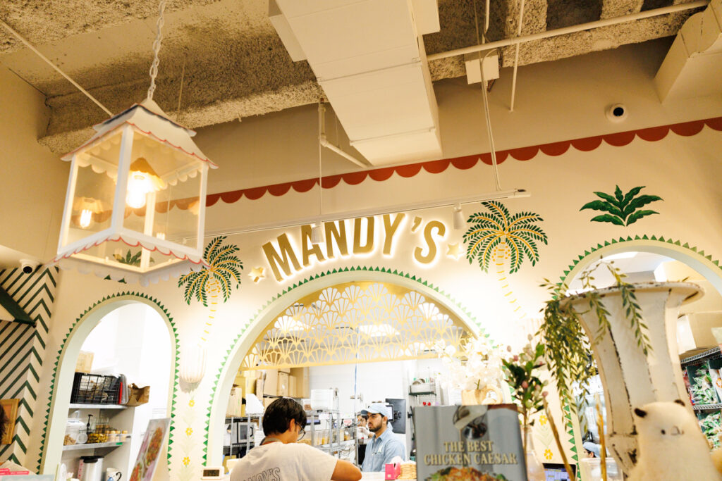 The counter and hand-painted walls at Mandy's Gourmet Salads in Yorkville, Toronto.
