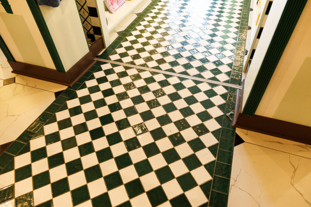 The green and white checkerboard tile floors at Mandy's Gourmet Salads in Yorkville, Toronto.